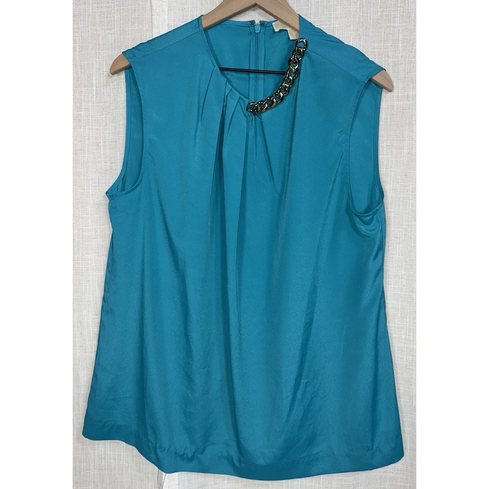 Michael Kors Women's Teal Blue Turquoise Gold Chain Collar Top XLarge XL Shirt